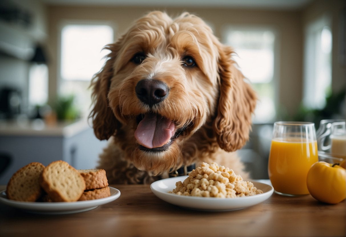 A happy Goldendoodle enjoys a balanced meal of vet-approved foods, surrounded by healthy ingredients and avoiding harmful options