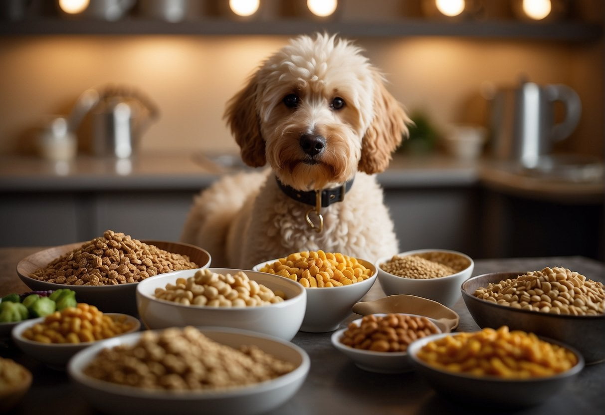 A Goldendoodle stands before bowls of wet and dry food, with a variety of healthy and unhealthy options surrounding them