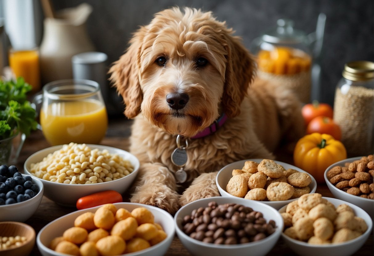 A Goldendoodle surrounded by a variety of vet-approved foods, including lean meats, vegetables, and whole grains, creating a balanced diet