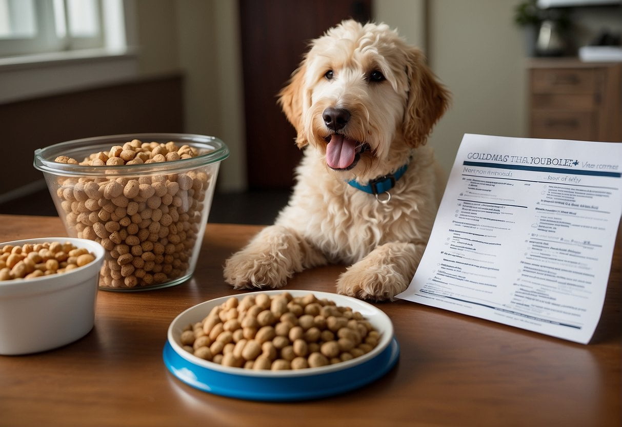 A Goldendoodle sits beside a bowl of healthy dog food, with a list of vet-approved best and worst foods for its diet. The dog looks happy and healthy